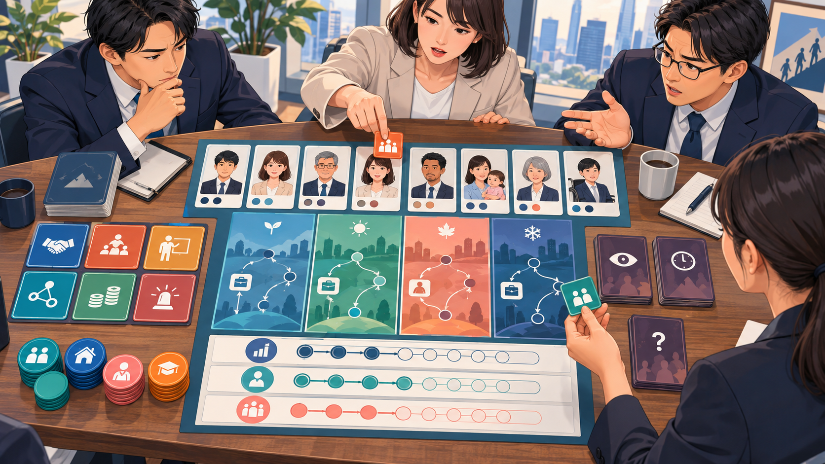 8人の社員カードに挑戦課題と支援トークンを配り、事業成果・経験の広がり・チームの持続性を競う女性活躍推進の機会配分ゲーム